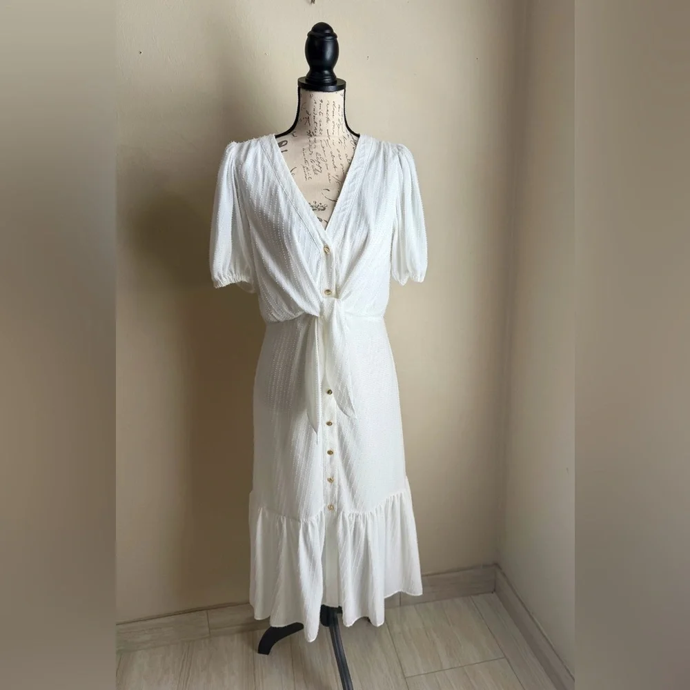Michael Kors Ivory Textured Tie-Front Maxi Dress